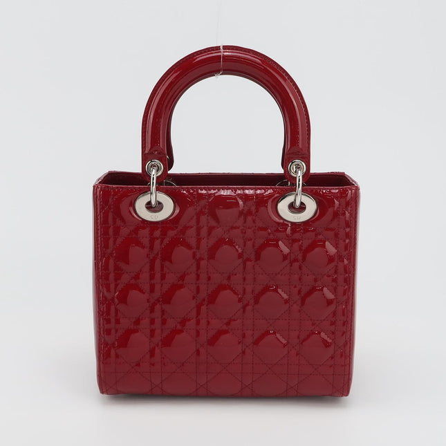 Lady Dior Medium Cherry Red Burgundy Patent Leather Handbag Silver Hardware