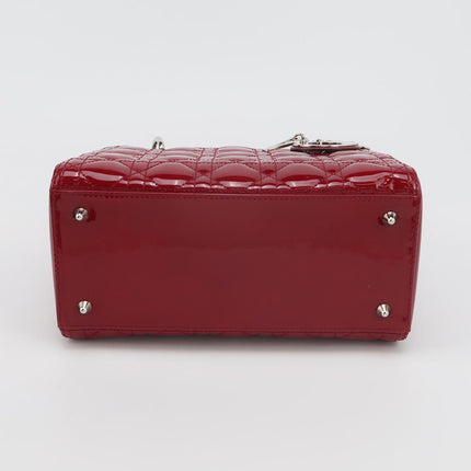 Lady Dior Medium Cherry Red Burgundy Patent Leather Handbag Silver Hardware