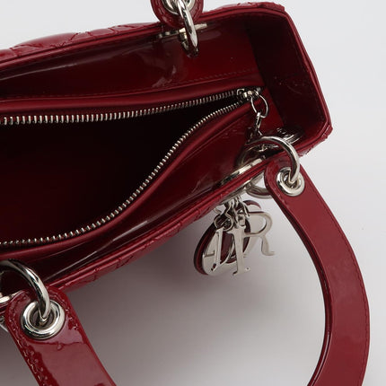 Lady Dior Medium Cherry Red Burgundy Patent Leather Handbag Silver Hardware