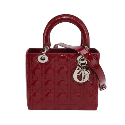 Lady Dior Medium Cherry Red Burgundy Patent Leather Handbag Silver Hardware
