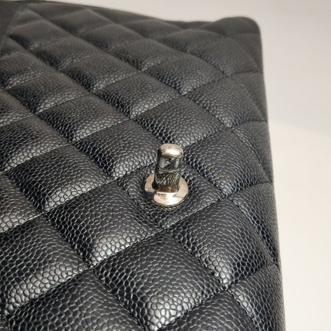 Chanel Classic Flap Maxi Black Caviar Leather Double Flap Sliver Hardware