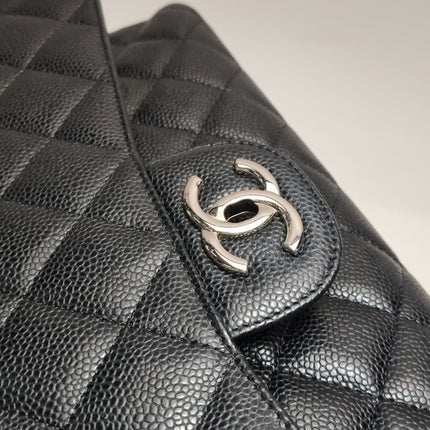 Chanel Classic Flap Maxi Black Caviar Leather Double Flap Sliver Hardware
