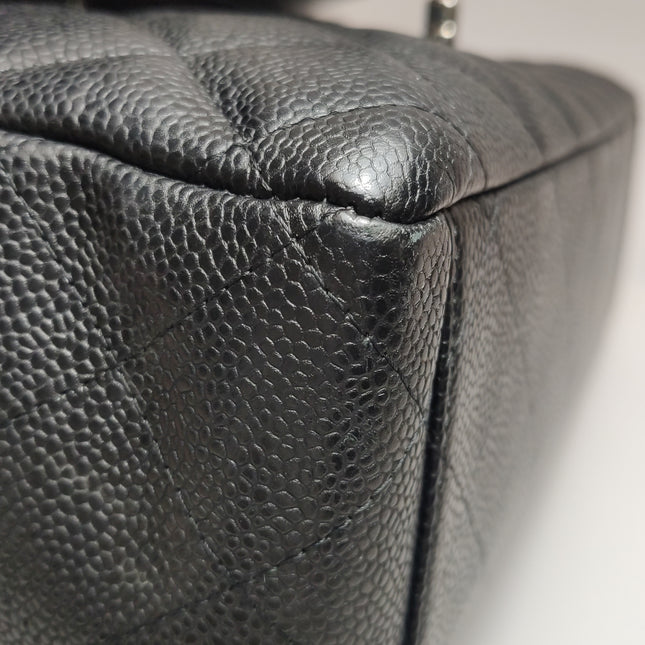 Chanel Classic Flap Maxi Black Caviar Leather Double Flap Sliver Hardware