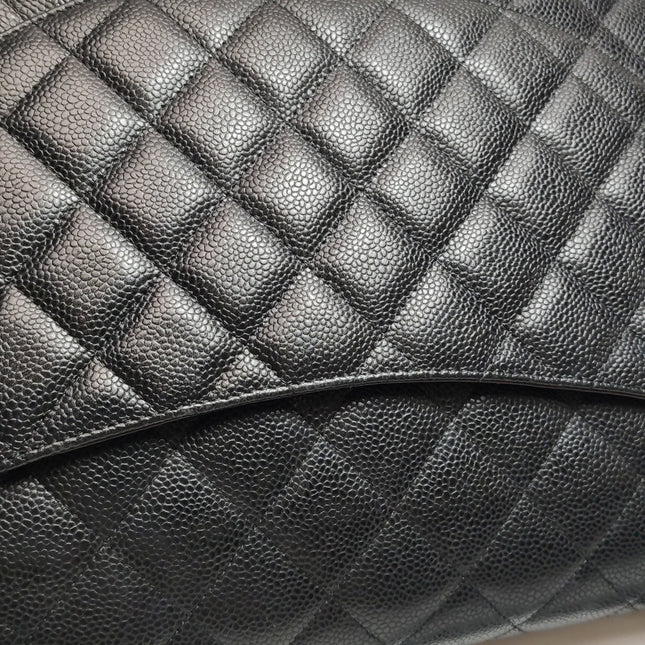 Chanel Classic Flap Maxi Black Caviar Leather Double Flap Sliver Hardware