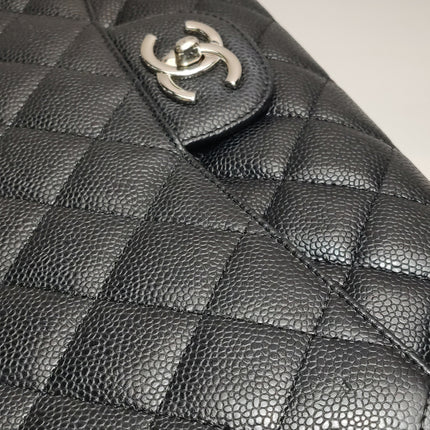 Chanel Classic Flap Maxi Black Caviar Leather Double Flap Sliver Hardware