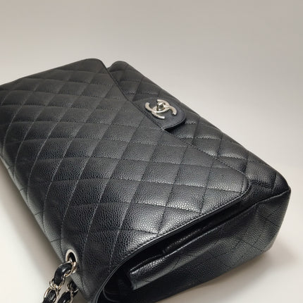 Chanel Classic Flap Maxi Black Caviar Leather Double Flap Sliver Hardware