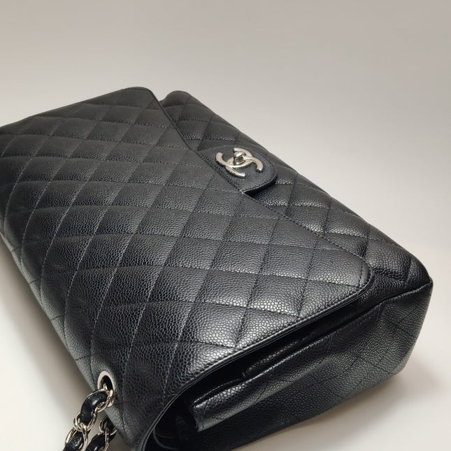 Chanel Classic Flap Maxi Black Caviar Leather Double Flap Sliver Hardware