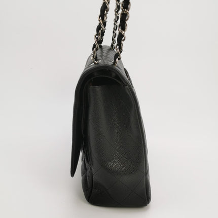Chanel Classic Flap Maxi Black Caviar Leather Double Flap Sliver Hardware