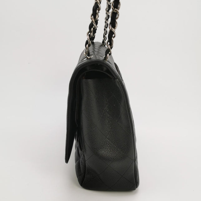 Chanel Classic Flap Maxi Black Caviar Leather Double Flap Sliver Hardware
