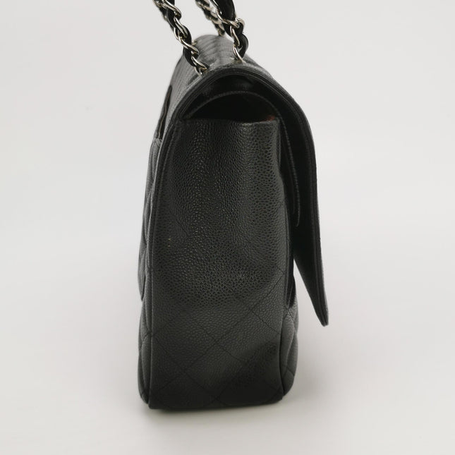 Chanel Classic Flap Maxi Black Caviar Leather Double Flap Sliver Hardware