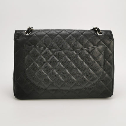 Chanel Classic Flap Maxi Black Caviar Leather Double Flap Sliver Hardware