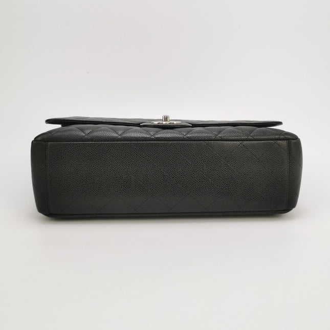 Chanel Classic Flap Maxi Black Caviar Leather Double Flap Sliver Hardware