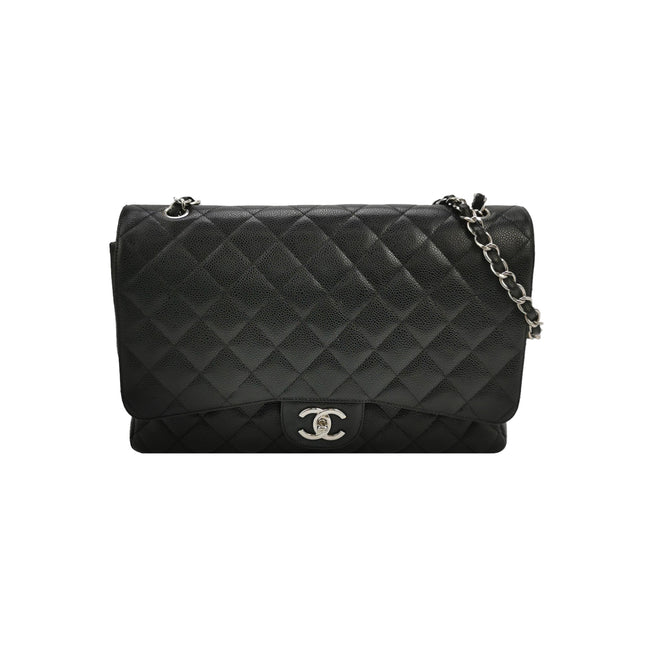 Chanel Classic Flap Maxi Black Caviar Leather Double Flap Sliver Hardware-Luxbags