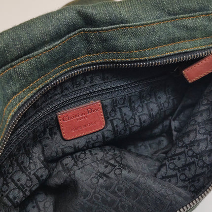 Dior Vintage Gaucho Large Green Denim Burgundy Leather Crossbody Bag 2006