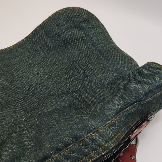 Dior Vintage Gaucho Large Green Denim Burgundy Leather Crossbody Bag 2006