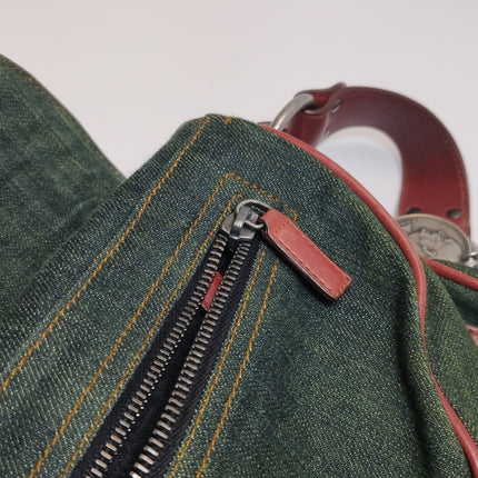 Dior Vintage Gaucho Large Green Denim Burgundy Leather Crossbody Bag 2006