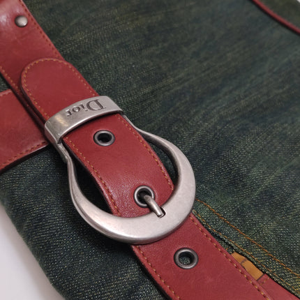 Dior Vintage Gaucho Large Green Denim Burgundy Leather Crossbody Bag 2006