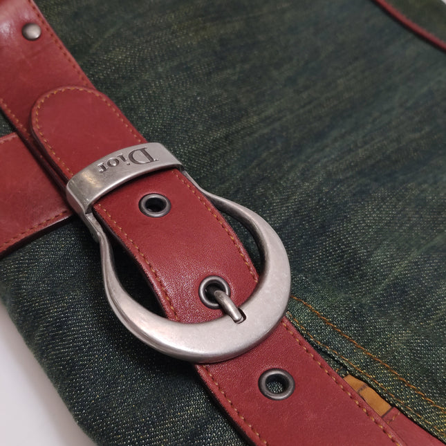 Dior Vintage Gaucho Large Green Denim Burgundy Leather Crossbody Bag 2006