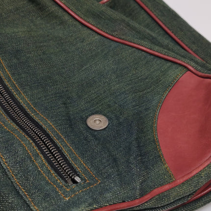 Dior Vintage Gaucho Large Green Denim Burgundy Leather Crossbody Bag 2006