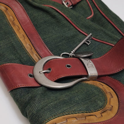 Dior Vintage Gaucho Large Green Denim Burgundy Leather Crossbody Bag 2006