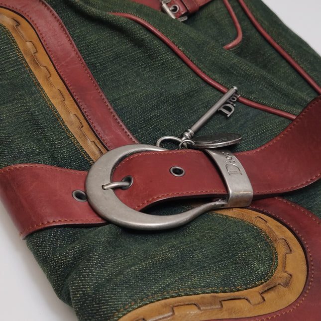 Dior Vintage Gaucho Large Green Denim Burgundy Leather Crossbody Bag 2006