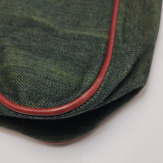 Dior Vintage Gaucho Large Green Denim Burgundy Leather Crossbody Bag 2006