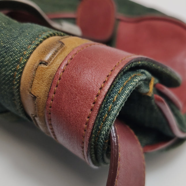 Dior Vintage Gaucho Large Green Denim Burgundy Leather Crossbody Bag 2006