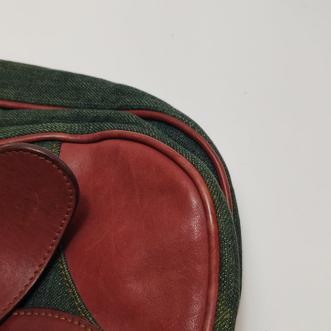 Dior Vintage Gaucho Large Green Denim Burgundy Leather Crossbody Bag 2006