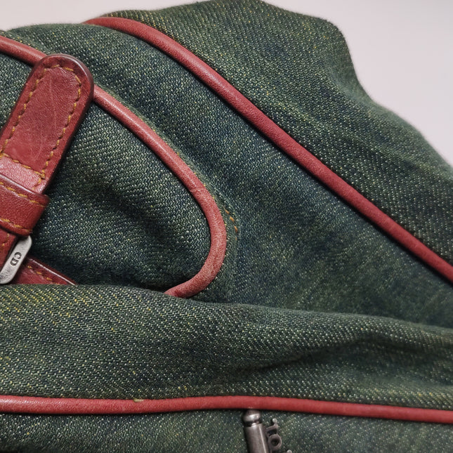 Dior Vintage Gaucho Large Green Denim Burgundy Leather Crossbody Bag 2006