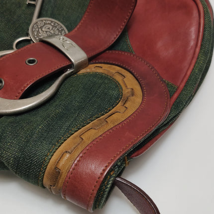 Dior Vintage Gaucho Large Green Denim Burgundy Leather Crossbody Bag 2006