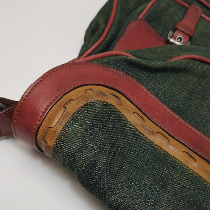 Dior Vintage Gaucho Large Green Denim Burgundy Leather Crossbody Bag 2006