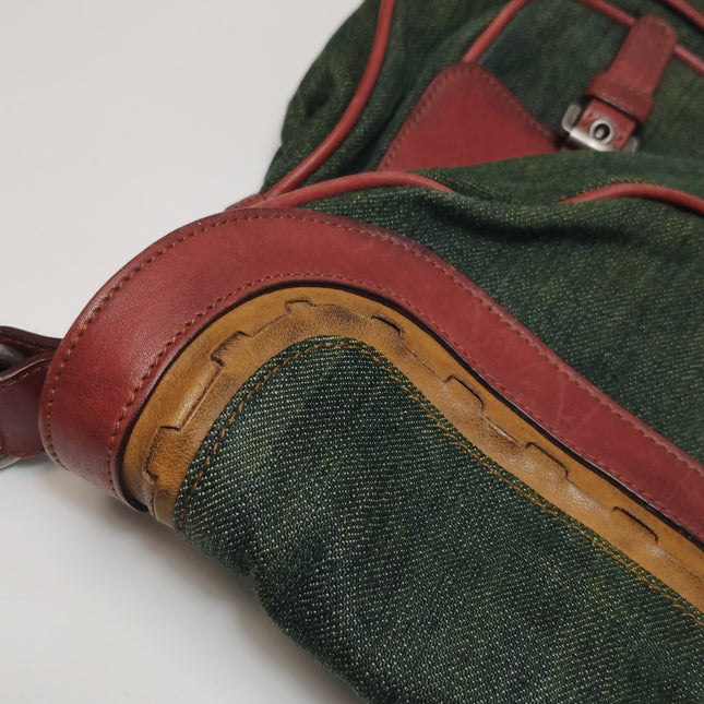 Dior Vintage Gaucho Large Green Denim Burgundy Leather Crossbody Bag 2006