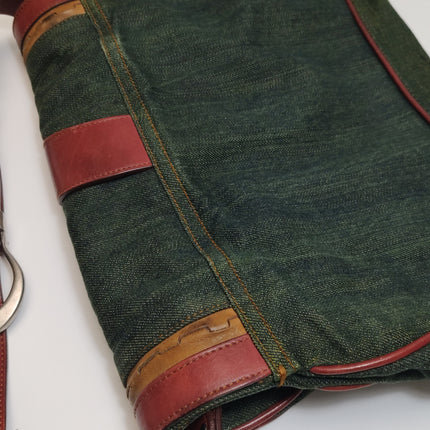 Dior Vintage Gaucho Large Green Denim Burgundy Leather Crossbody Bag 2006