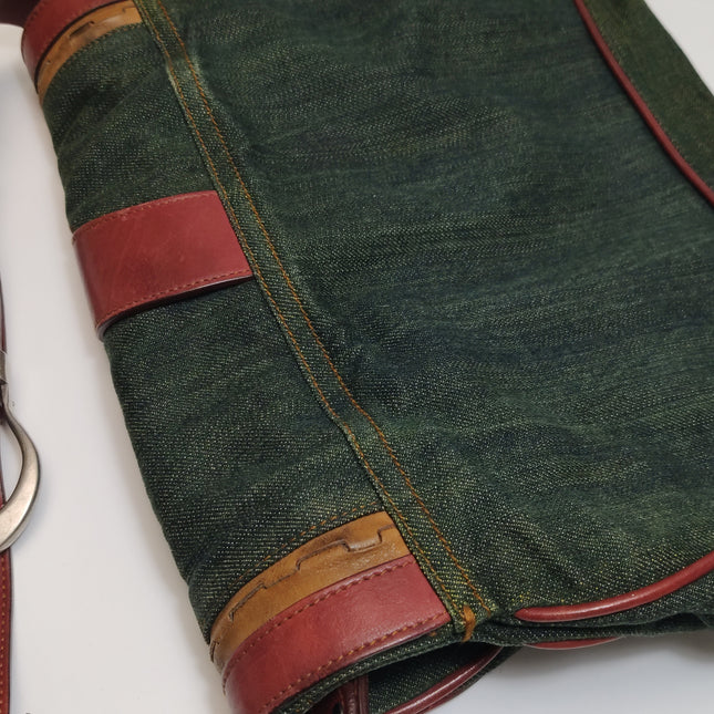 Dior Vintage Gaucho Large Green Denim Burgundy Leather Crossbody Bag 2006