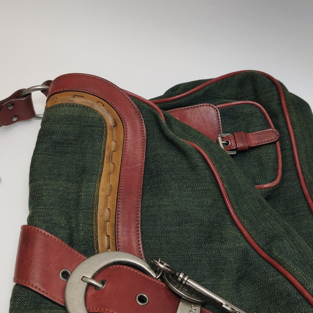 Dior Vintage Gaucho Large Green Denim Burgundy Leather Crossbody Bag 2006