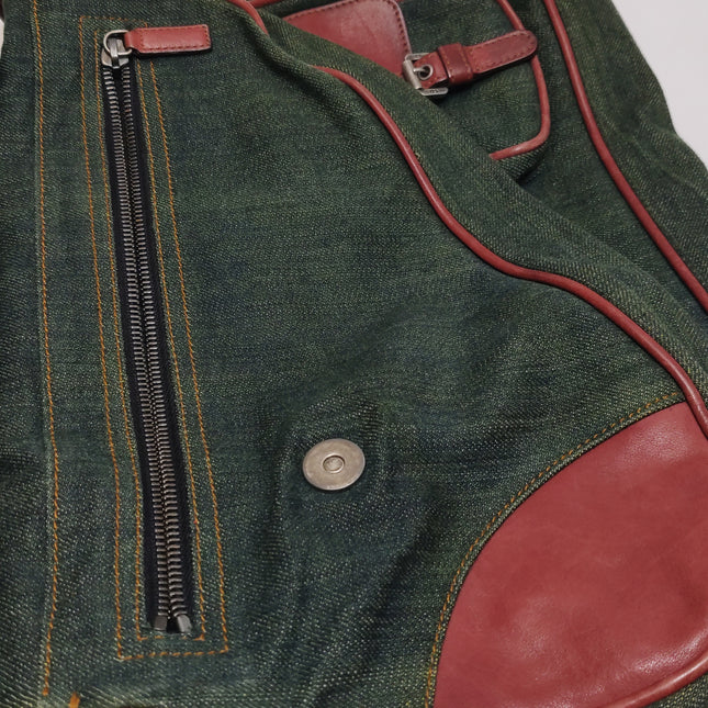 Dior Vintage Gaucho Large Green Denim Burgundy Leather Crossbody Bag 2006