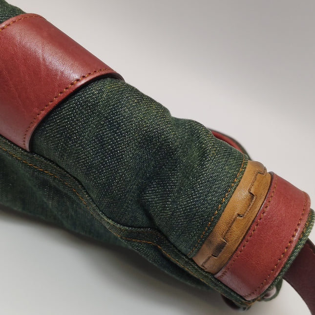 Dior Vintage Gaucho Large Green Denim Burgundy Leather Crossbody Bag 2006