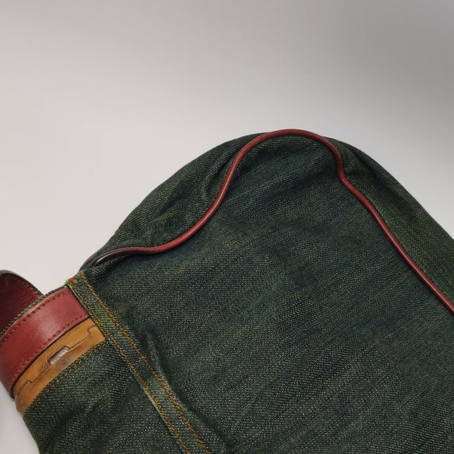 Dior Vintage Gaucho Large Green Denim Burgundy Leather Crossbody Bag 2006