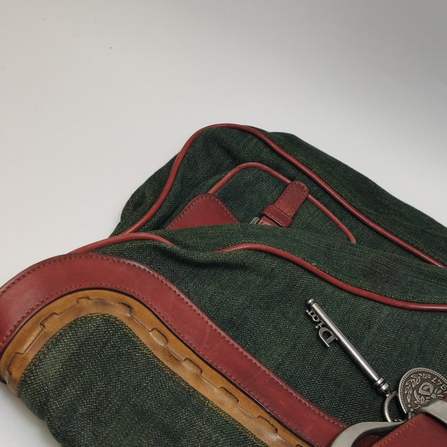 Dior Vintage Gaucho Large Green Denim Burgundy Leather Crossbody Bag 2006