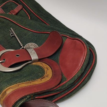 Dior Vintage Gaucho Large Green Denim Burgundy Leather Crossbody Bag 2006