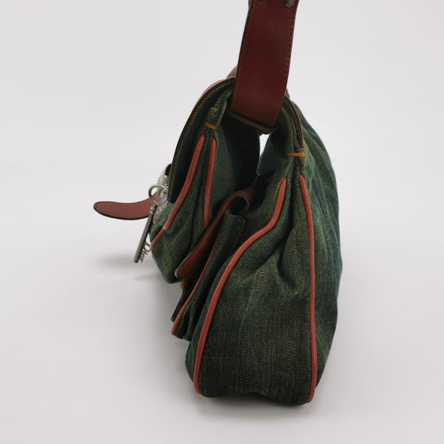 Dior Vintage Gaucho Large Green Denim Burgundy Leather Crossbody Bag 2006