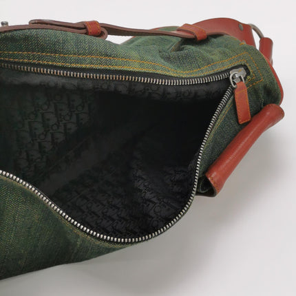 Dior Vintage Gaucho Large Green Denim Burgundy Leather Crossbody Bag 2006