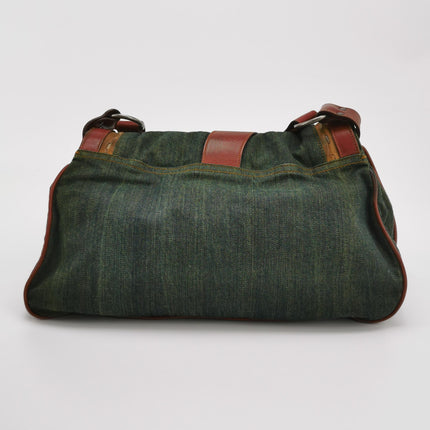 Dior Vintage Gaucho Large Green Denim Burgundy Leather Crossbody Bag 2006