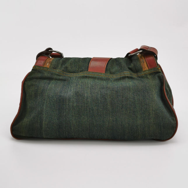 Dior Vintage Gaucho Large Green Denim Burgundy Leather Crossbody Bag 2006