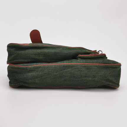 Dior Vintage Gaucho Large Green Denim Burgundy Leather Crossbody Bag 2006