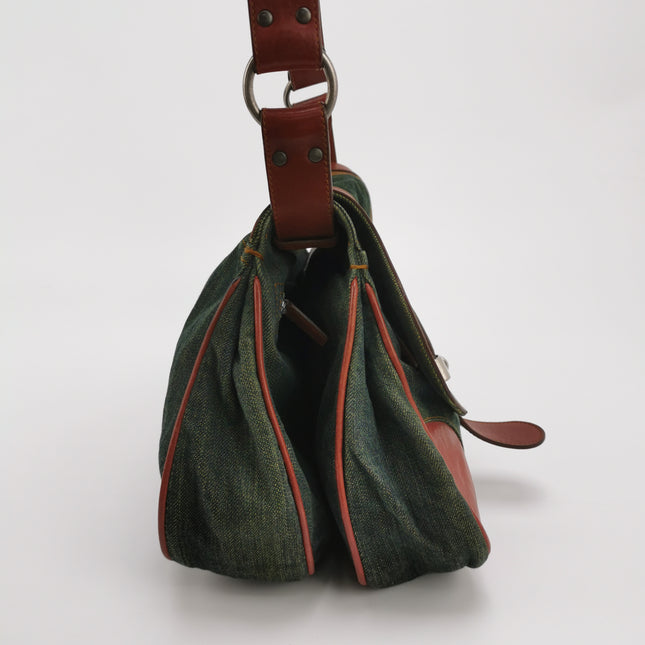 Dior Vintage Gaucho Large Green Denim Burgundy Leather Crossbody Bag 2006
