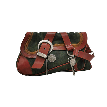 Dior Vintage Gaucho Large Green Denim Burgundy Leather Crossbody Bag 2006-Luxbags