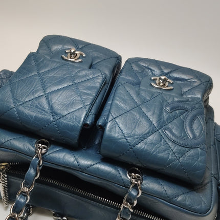 Chanel Cambon Multi-pocket Ligne Reporter Bag Medium Navy Calfskin Leather
