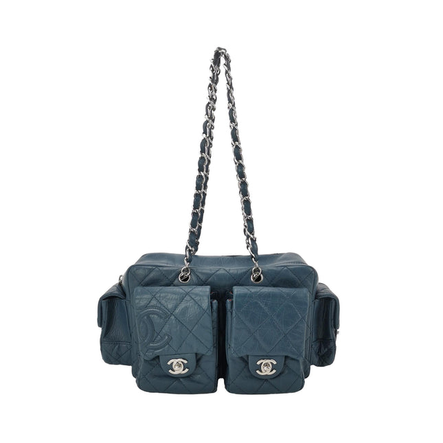 Chanel Cambon Multi-pocket Ligne Reporter Bag Medium Navy Calfskin Leather