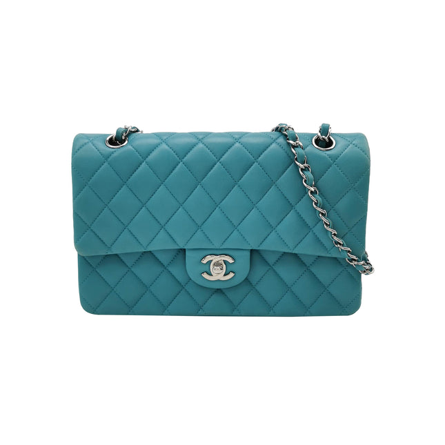 Chanel Timeless Classic Flap Medium Light Blue Lambskin Leather Silver Hardware